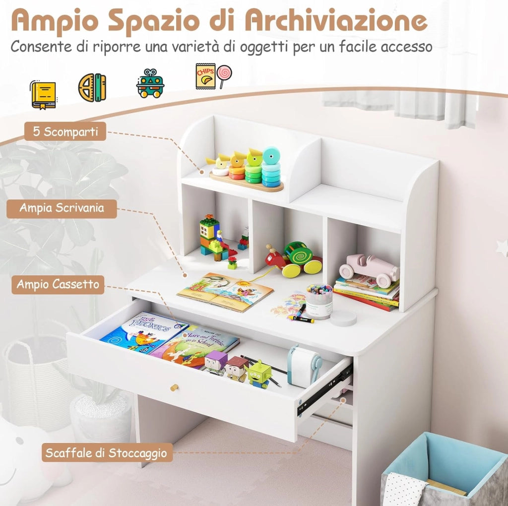 Scrivania in Legno 80 x 48 x 102 cm per Bambini 3+ Anni, Scrivania Cameretta Bambina con 5 Mensole, 1 Cassetto, Spazio di Lavoro e Angoli Arrotondati, Ideale per Studio e Disegno (Bianco)
