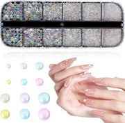 Decorazioni per unghie con strass e perle, set di perle a forma di pallina semicircolare, hanger per unghie con catenina in acciaio inossidabile e lato piatto per donne, decorazioni per unghie. - 1 confezione