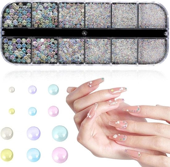 Decorazioni per unghie con strass e perle, set di perle a forma di pallina semicircolare, hanger per unghie con catenina in acciaio inossidabile e lato piatto per donne, decorazioni per unghie. - 1 confezione
