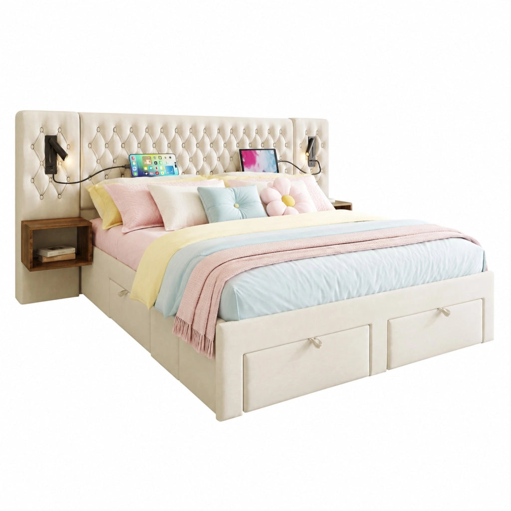 Letto matrimoniale 160x200 cm in velluto beige con 2 comodini, 4 cassetti, luci da lettura e USB