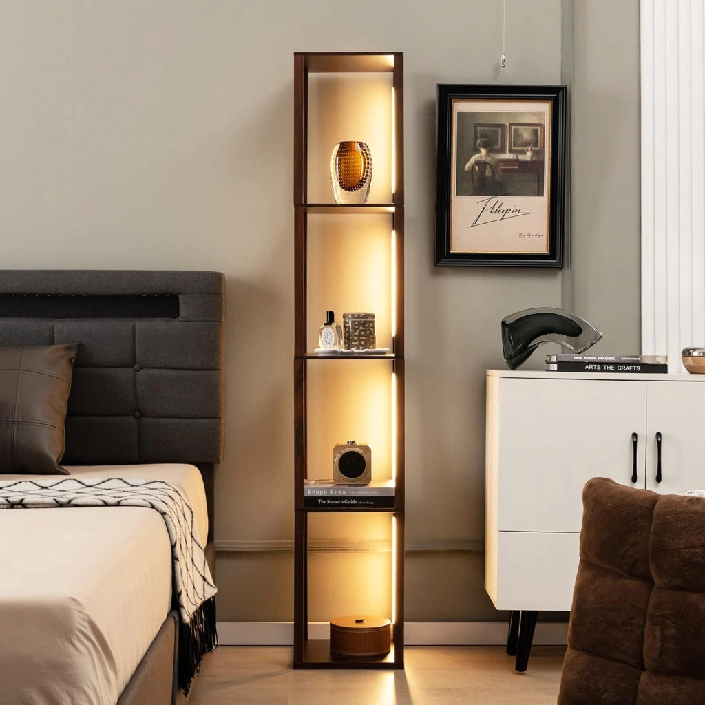 Lampada da Terra con Mensola, Lampadine LED Dimmerabili a 3 Livelli e Poli LED Ruotabili, Piantana Lampada da Terra per Soggiorno, Studio e Camera da Letto (Marrone)