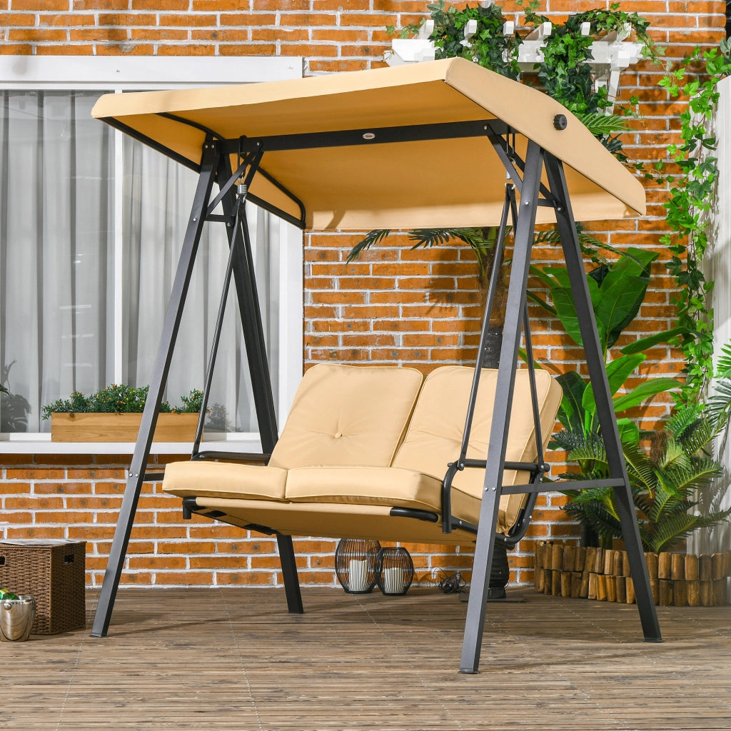 Dondolo 2 Posti in Acciaio e tessuto Teslin con Tettuccio Regolabile e Cuscini, 145x116x172 cm, Beige