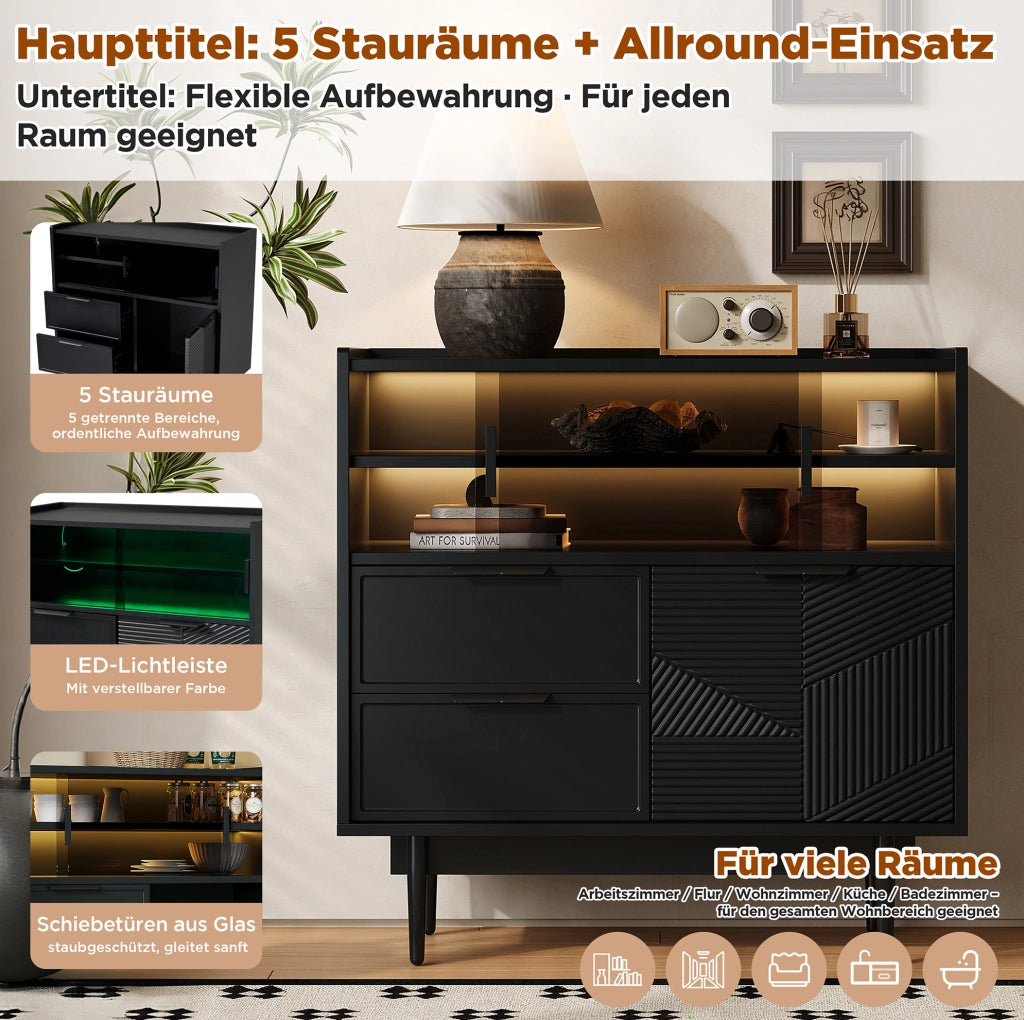 Mobile contenitore in MDF nero con ante scorrevoli in vetro e barra LED regolabile
