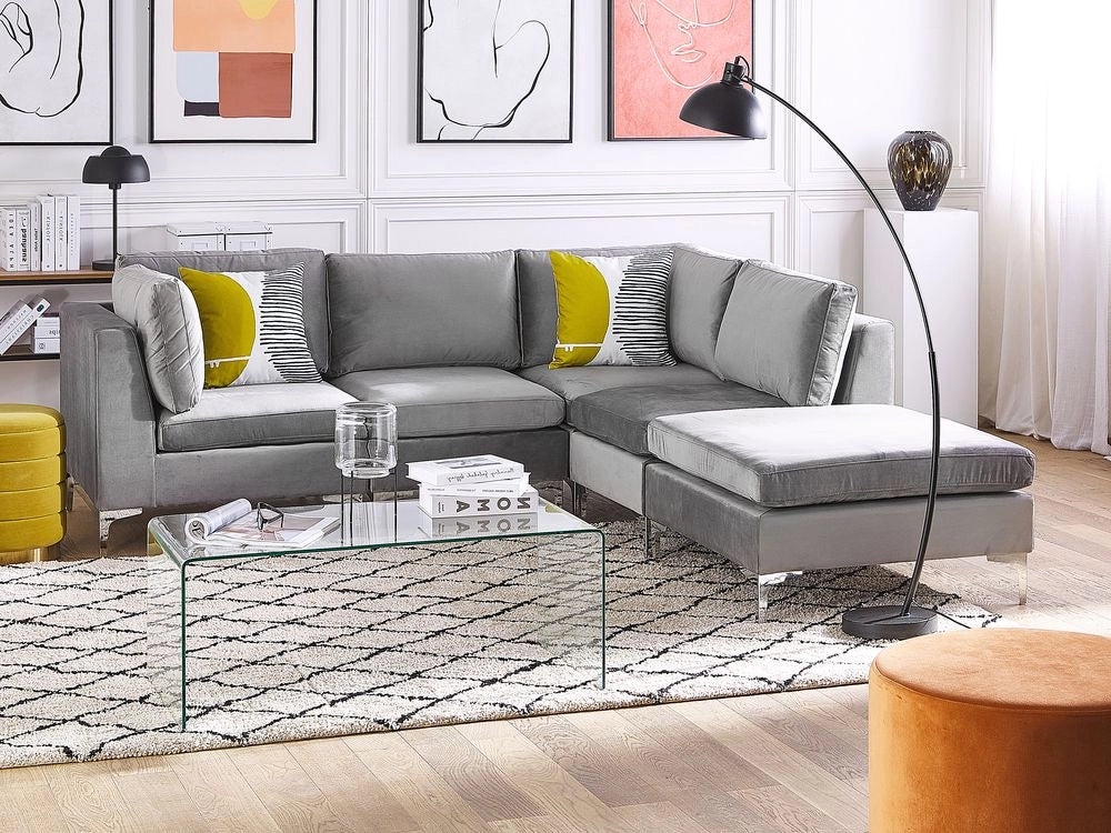Divano componibile ad angolo versione sinistra a 4 posti in velluto grigio con gambe in metallo argentato a forma di L ottomana Stile glamour