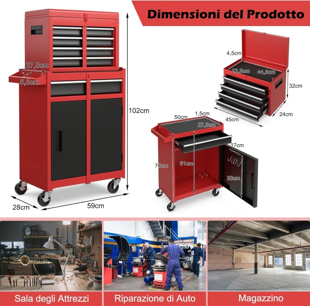 Cassettiera Portautensili a 4 Cassetti, Carrello per Attrezzi con Ruote Bloccabili Ripiano Regolabile e Rivestimento Antiscivolo, 59 x 28 x 102 cm (Nero + Rosso)