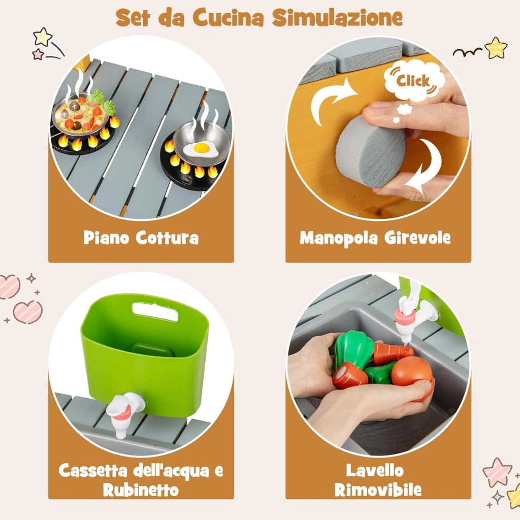 Cucina Giocattolo per Giardino in Legno di Abete, Cucina per Bambini con Serbatoio dell'Acqua e Lavello Rimovibili, 3 Ripiani Aperti, Funzione Suoni, per Bambini 3+ Anni (Arancione e Azzurro)