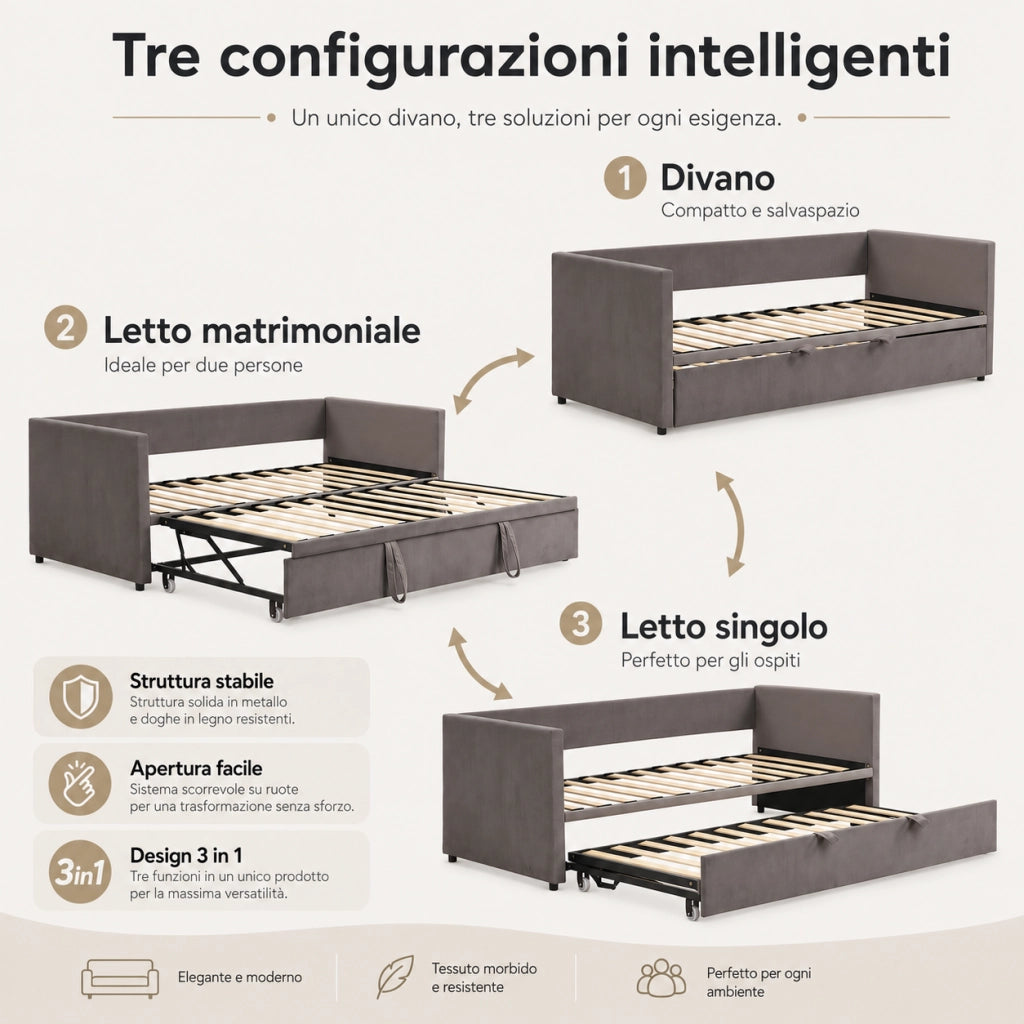 Divano letto in velluto grigio, trasformabile in 3 configurazioni, struttura robusta portata 300kg, divano multifunzione per soggiorno