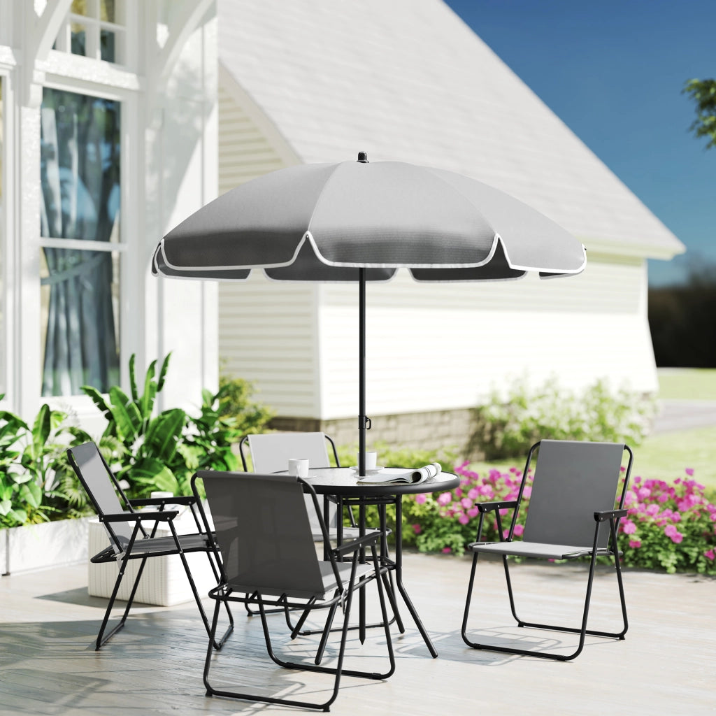 Set da Giardino 6 Pezzi in Acciaio con 4 Sedie Pieghevoli, Ombrellone e Tavolo Rotondo, Grigio e Nero