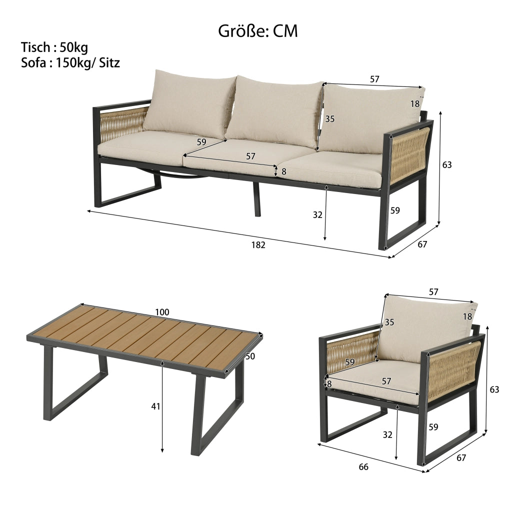 Set poltrona per mobili da giardino 4 pezzi. Set di mobili da giardino divano a 3 posti 2 poltrone e tavolino da caff¨¨ esterno piano tavolo in legno in plastica braccioli in corda intrecciata acciaio zincato beige