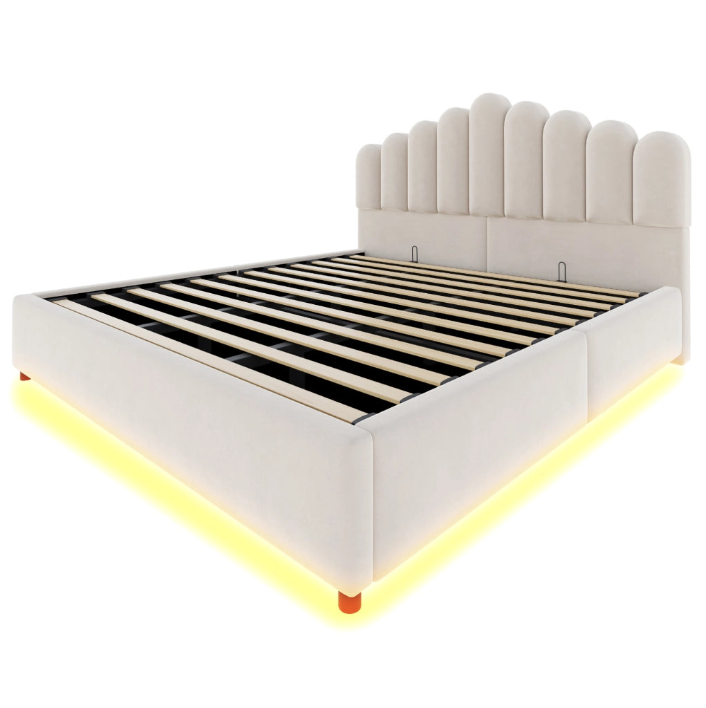 Letto imbottito con contenitore idraulico e LED; 180 x 200 cm; velluto beige