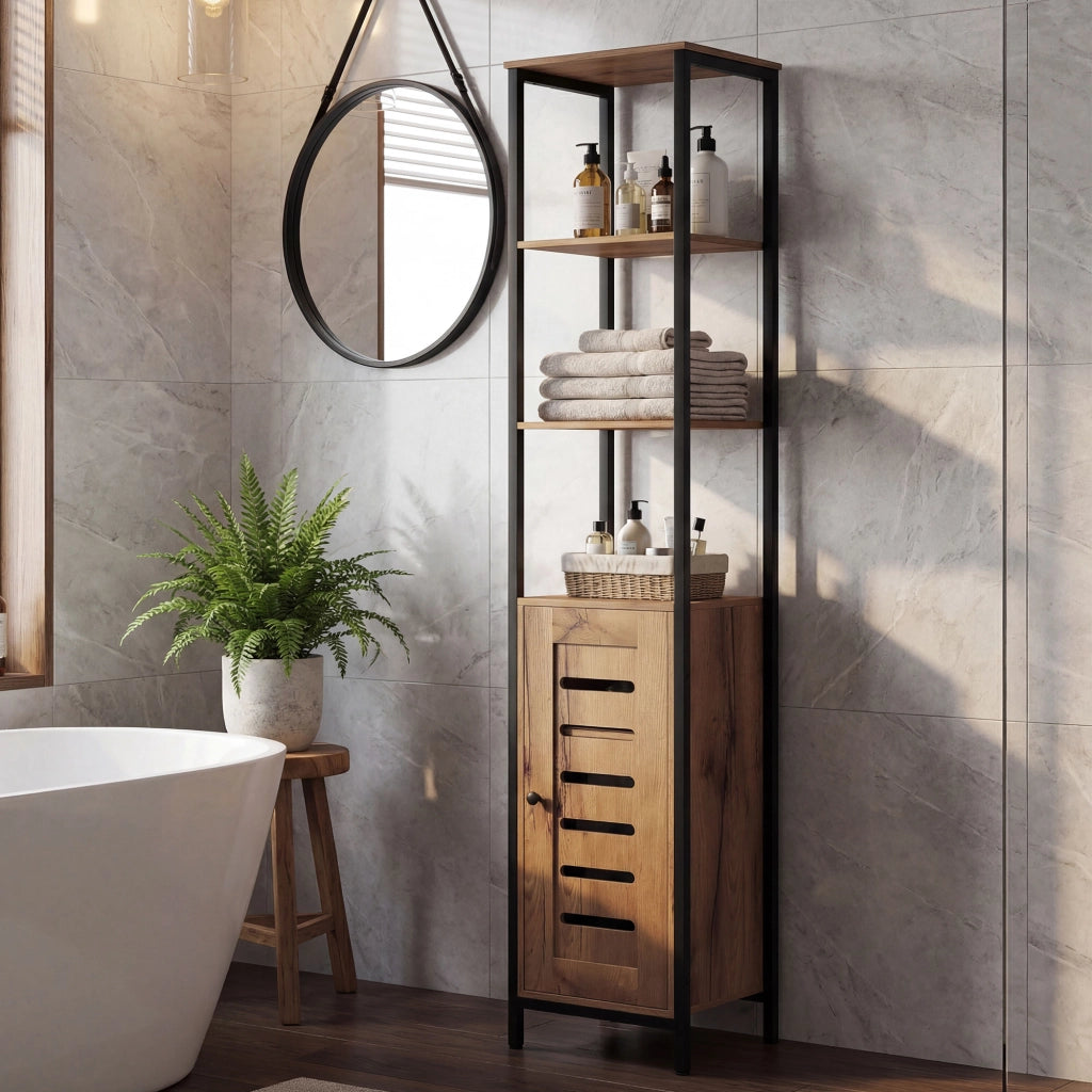 Colonna bagno industriale 3 ripiani aperti anta a lamelle regolabili ¨C Xylo ¨C marrone rustico