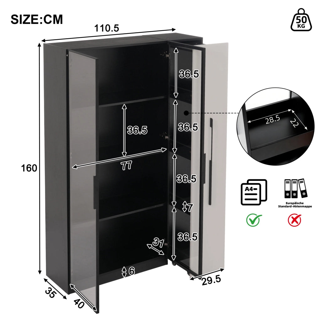 Multifunzione armadio alto 110,5×35×160 cm con vetrina in vetro, LED e ripiano estraibile laterale