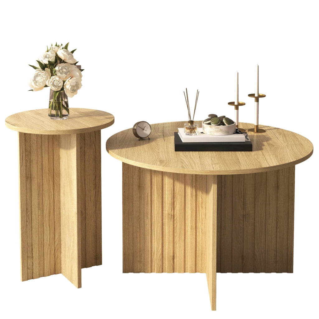 Tavolini da caffè nidificabili rotondi 2 Pezzi con Struttura verticale; Stile Scandinavo; in MDF e PB; Naturale