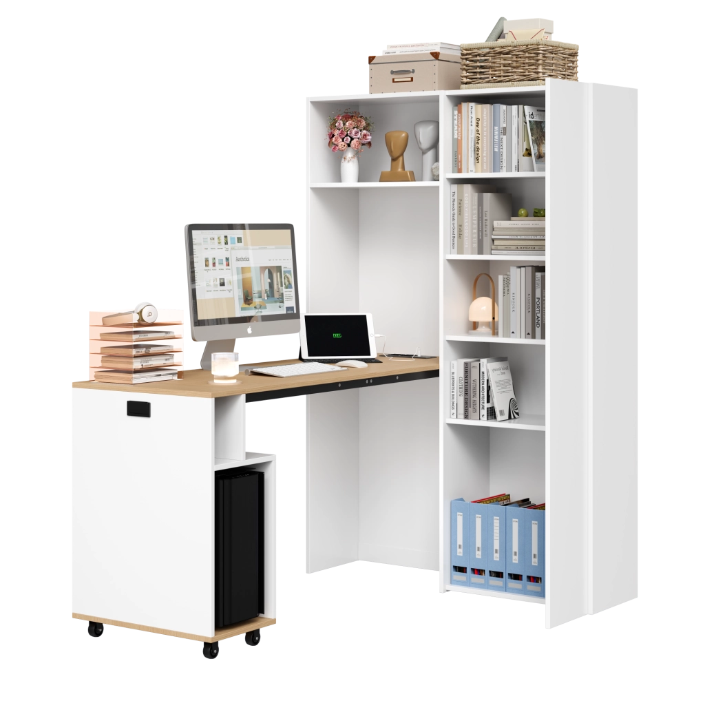 Scrivania pieghevole 2 in 1 con libreria; presa EU e USB; 104;5x30;5x160 cm; bianco rovere