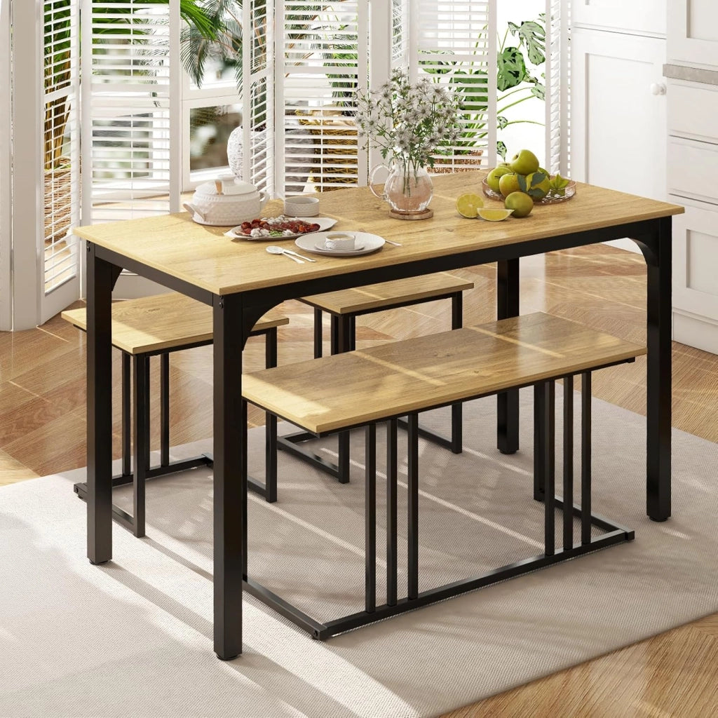 Set tavolo e sedia da pranzo 4 pezzi, tavolo da cucina 4 persone 120 x 60 x 75 con 1 panca e 2 sgabelli, struttura in metallo, per sala da pranzo, soggiorno, caffè (naturale)