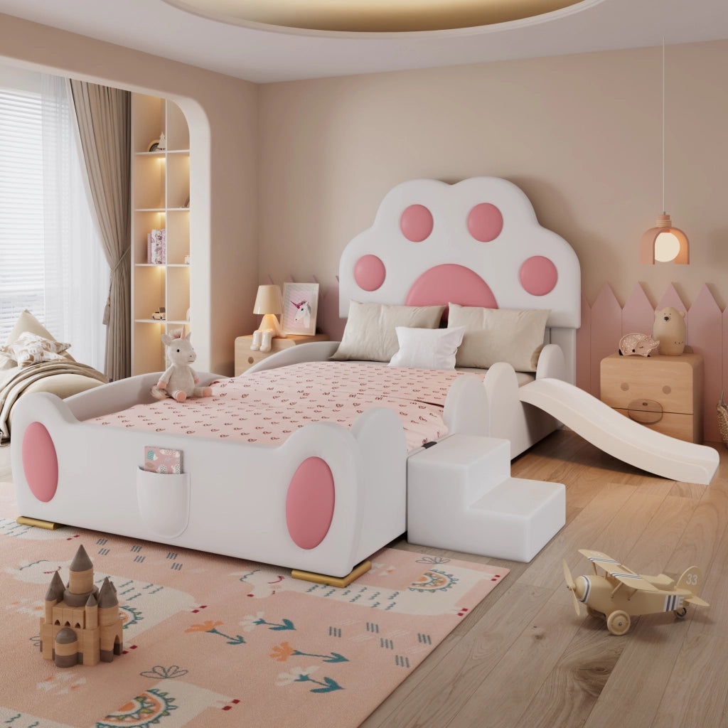 OKWISH Letto Bambini Singolo 90×200 cm con Scivolo, Scala a 2 Gradini e Tasca Portaoggetti, senza Materasso, in PU, Bianco e Rosa
