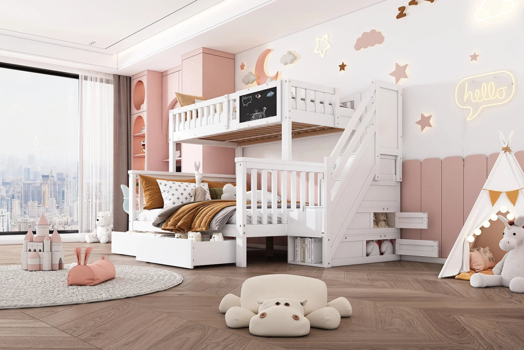 LETTO a castello per bambini 90x200/140x200 cm con lavagna e cassetti Bianco
