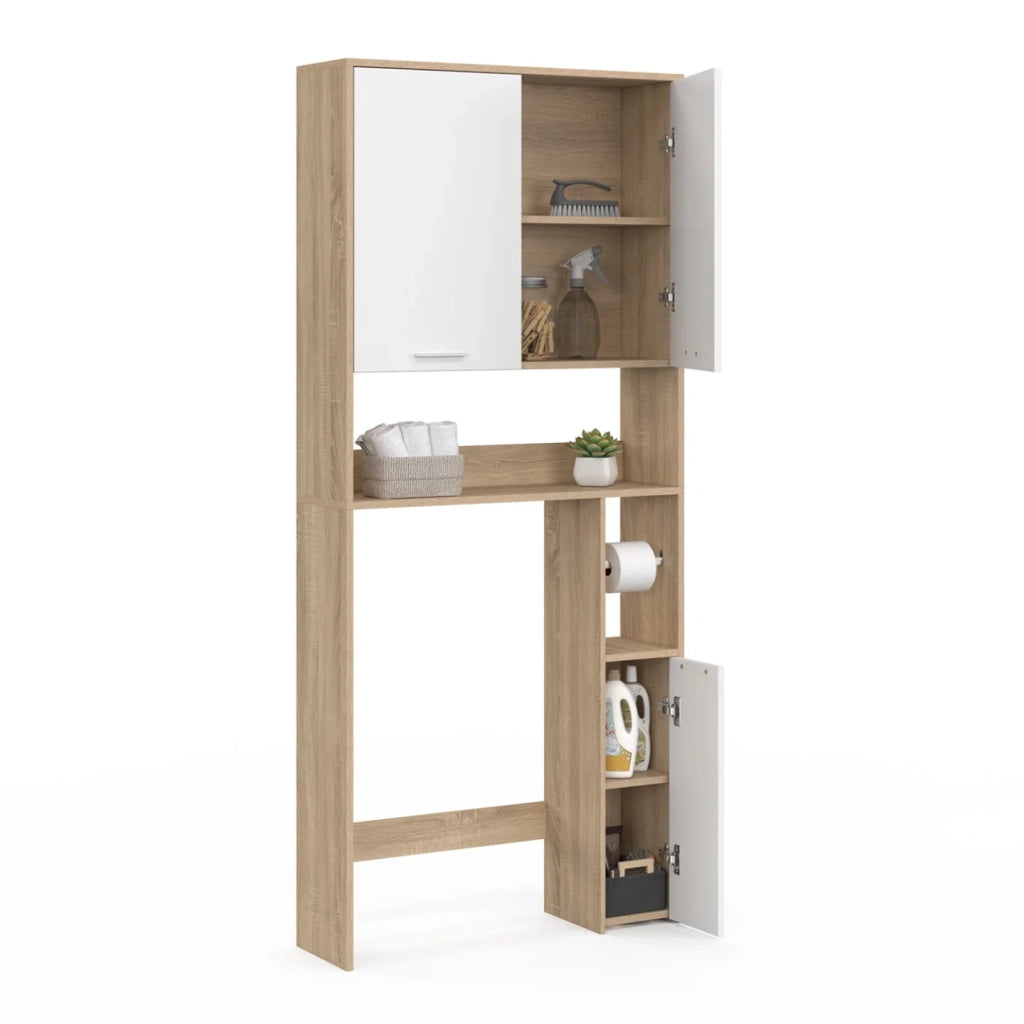 IDMarket - Scaffalatura WALLIS in faggio e bianco con piano per WC