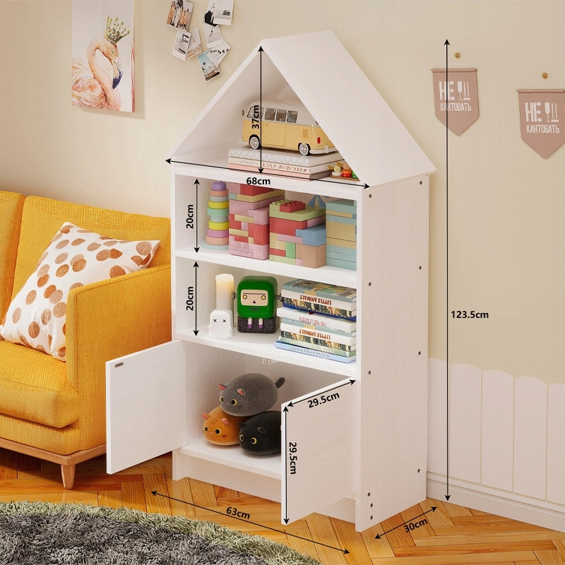 Scaffale a forma di casetta per bambini, ideale per giocattoli, bambole e libri, grande, bianco, 63 cm