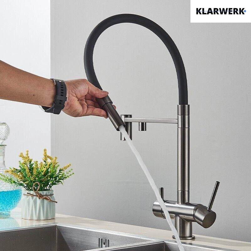 Lana | Rubinetto estraibile grigio nero a 3 vie | Miscelatore cucina per acqua potabile in acciaio inossidabile | Girevole a 360° Filtra 3 connessioni