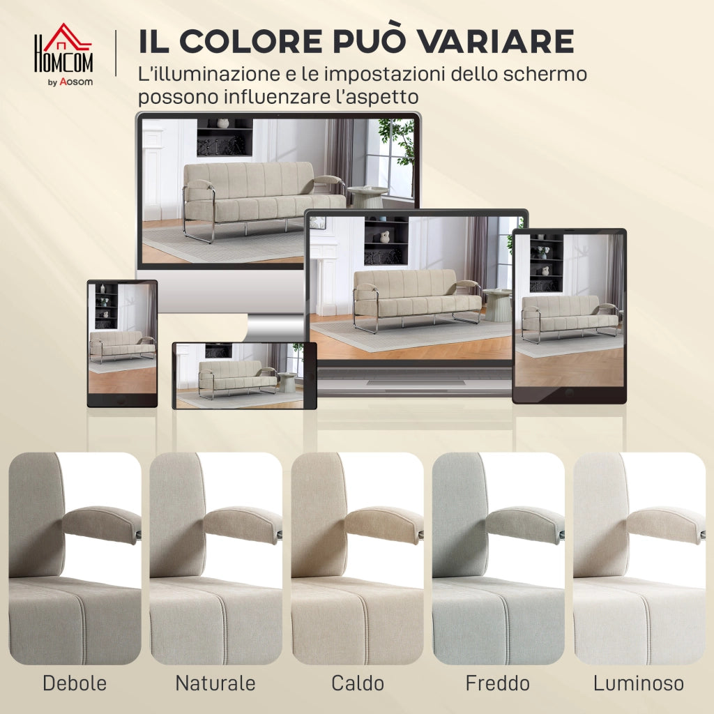 Divano 3 Posti Moderno 174x75x76 cm Rivestito in Ciniglia Struttura in Acciaio Beige