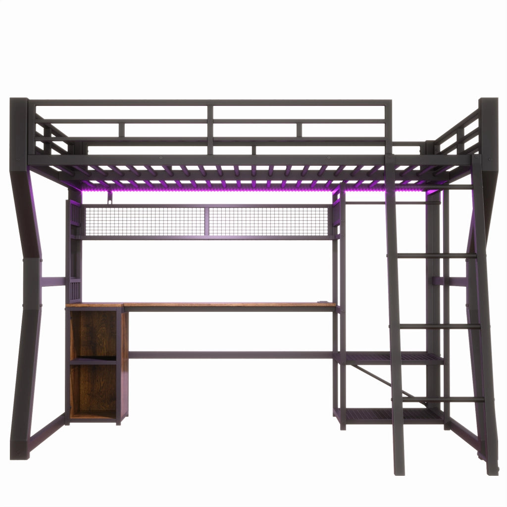Letto a Soppalco con Scrivania e LED ¨C MINIMAL ¨C Nero 140x200