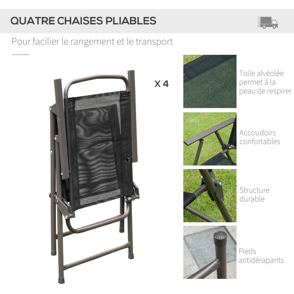 Set giardino 6 pezzi con tavolo rotondo, 4 sedie pieghevoli e ombrellone ¨C zephmum ¨C nero, metallo, tessuto