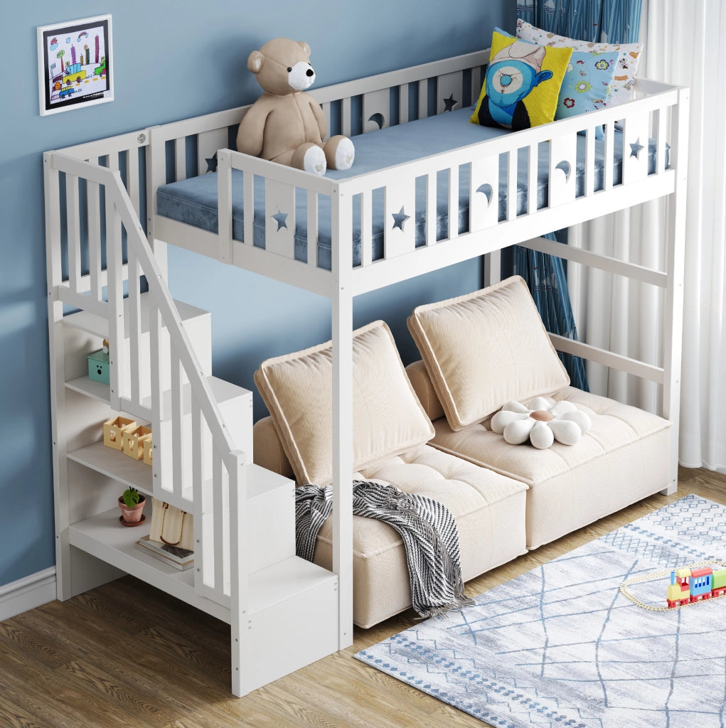 Letto a soppalco per bambini 90x200 cm con scala; ripiani e area relax; bianco