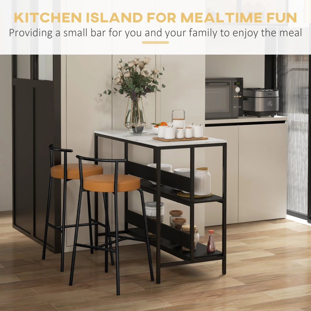Isola da Cucina con Mensole, Piano Effetto Marmo 100x50x90 cm Struttura in Metallo Nero e Bianco