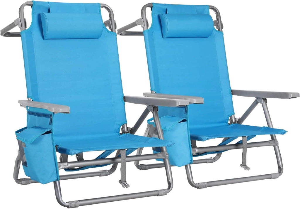 Sedia da Spiaggia Pieghevole, Leggera, Confezione da 2, Sedia Pieghevole Portatile a Zaino, Sedia da Campeggio, Reclinabile, Capacità di Carico fino a 150 kg, Sedia Pieghevole da Esterni