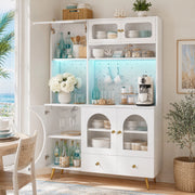 Credenza alta con LED e prese USB in MDF e vetro, con ripiani e cassetto, bianco per cucina e soggiorno 120 × 40 × 176 cm