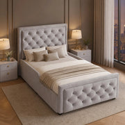 Letto per bambini 90 × 200 cm con contenitore idraulico, testiera imbottita, senza materasso, velluto grigio
