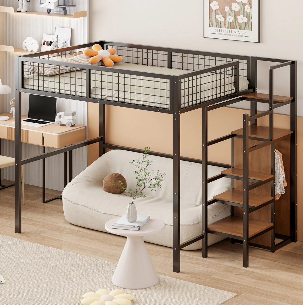 Letto a soppalco 140x200 cm con scala e armadio in MDF e metallo nero