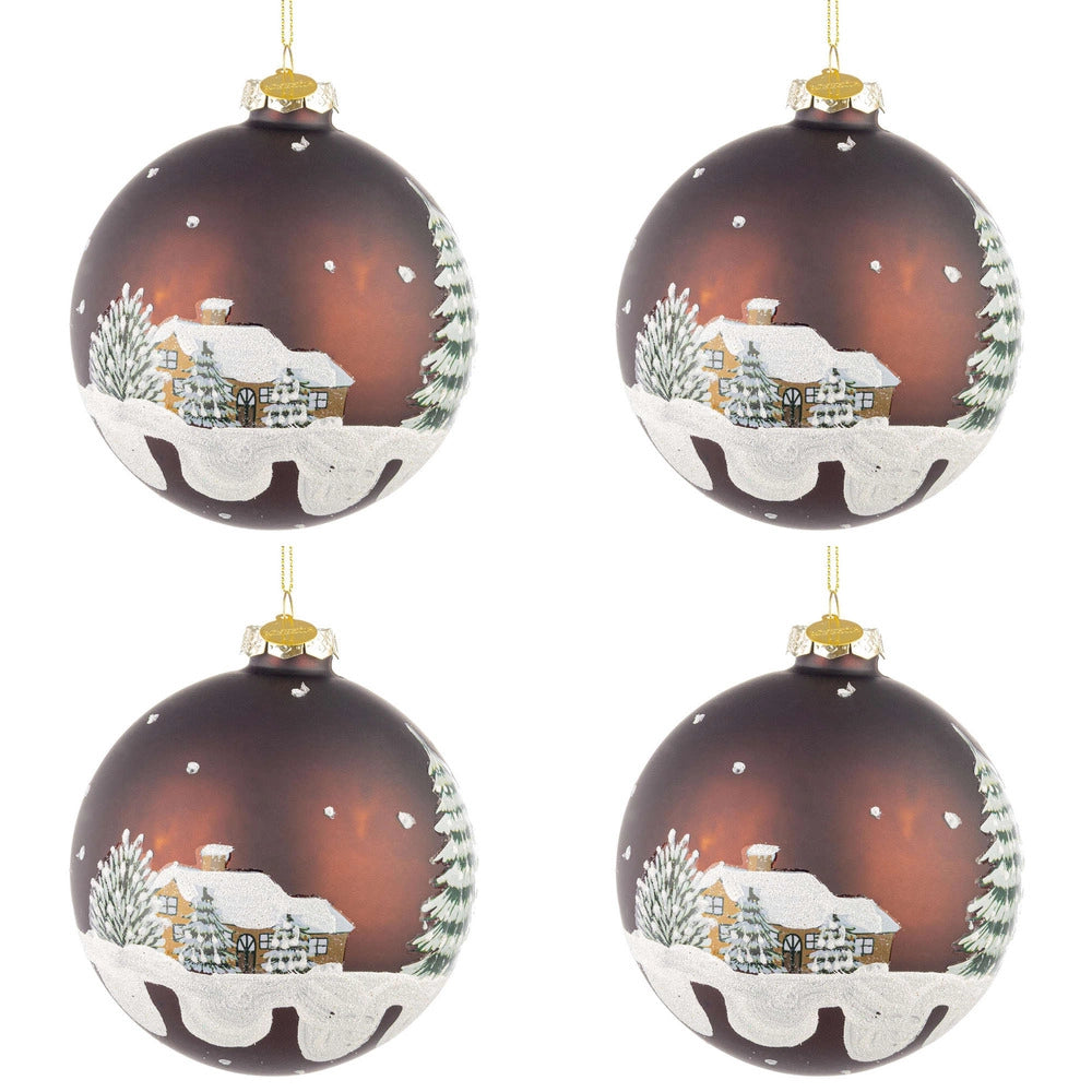 Palline di Natale in Vetro Marrone con Casette Village Diametro: 100 mm