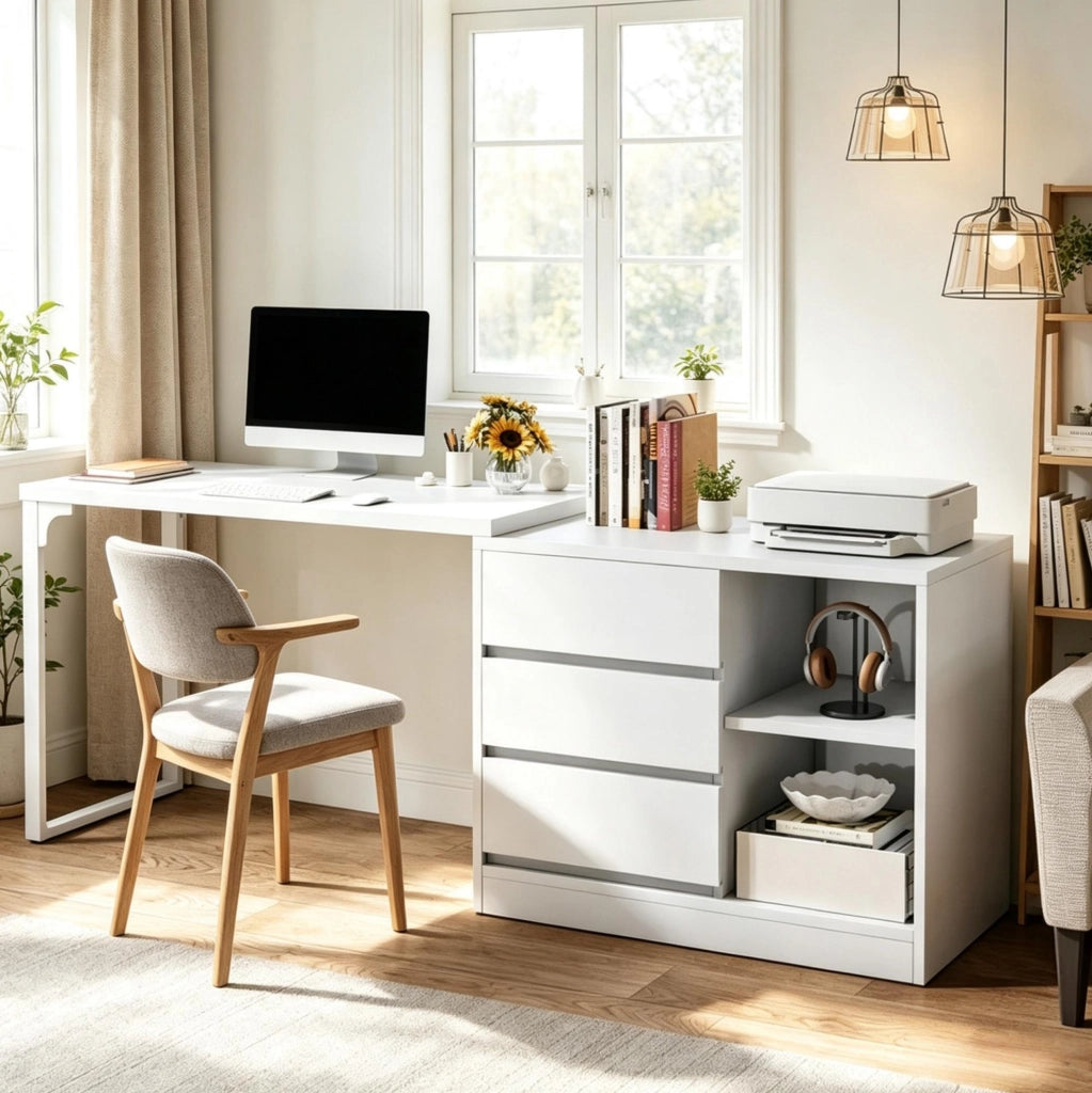 Scrivania angolare a L bianca con cassetti e ripiani, design moderno per ufficio e casa