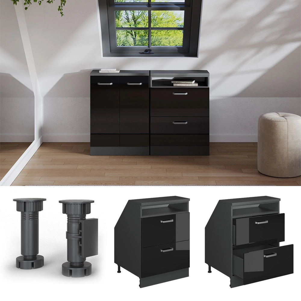 Mobile sottotetto Rion Nero lucido/Antracite 60 x 83.8 cm con 2 cassetti, carcassa 60 cm profondità Vicco