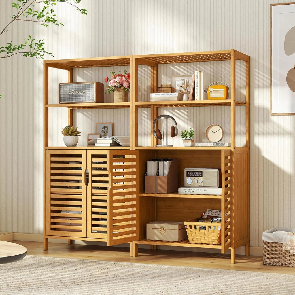 Scaffale in Bambù con Ante, Libreria a 4 Ripiani con Mensole Aperte e Armadio con Persiane, Organizzatore di Stoccaggio per Soggiorno Studio Cucina, 60 x 33 x 116 cm