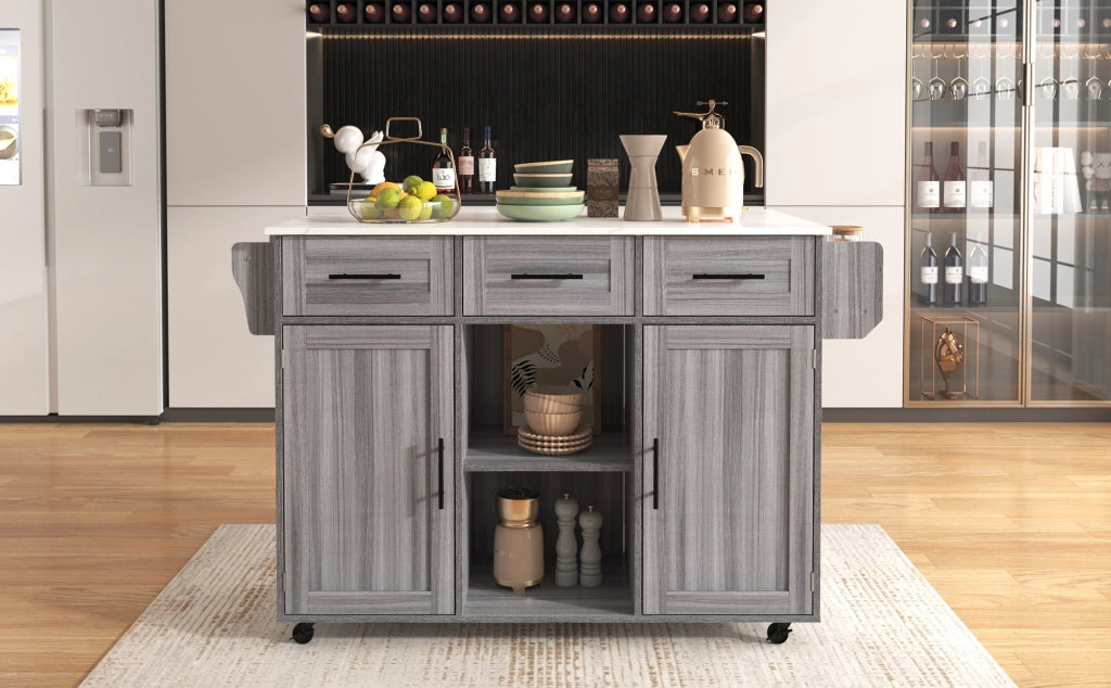 Carrello da cucina con piano ribaltabile 3 cassetti e 3 vani con ripiani regolabili per cucina in MDF grigio