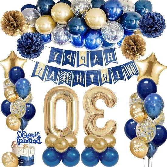 Decorazione di compleanno 30° anno blu marino oro palloncini bandiera di compleanno confetti decorazione per torta fiocchi