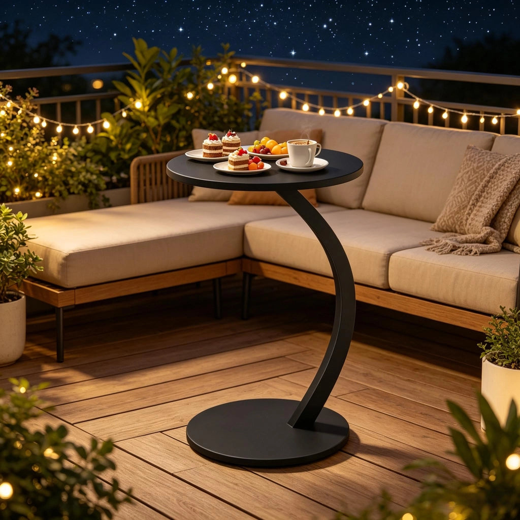 Tavolino basso a C con piano rotondo e base sotto divano, in MDF e metallo, nero, per soggiorno, 40 × 64,5 cm