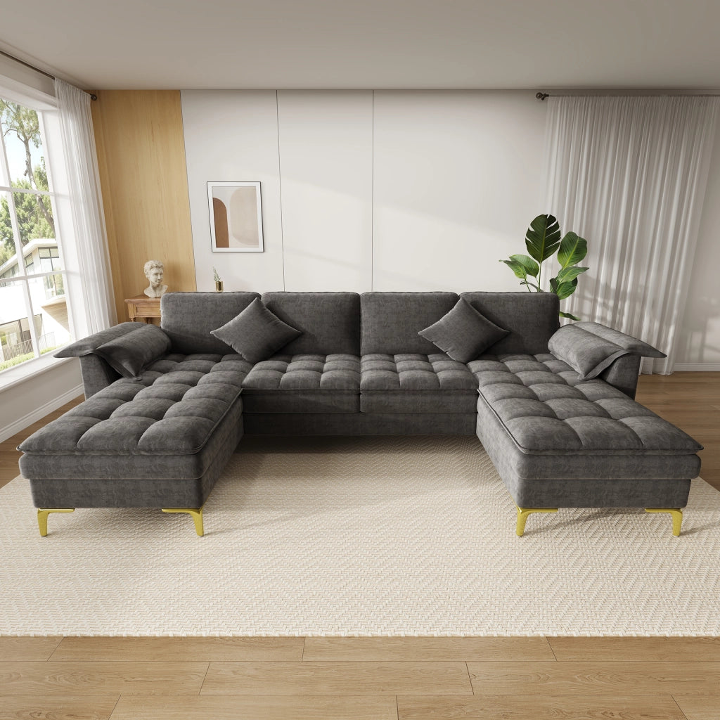 Divano angolare modulare a U 4-5 posti in chenille grigio con 2 chaise longue e cuscini