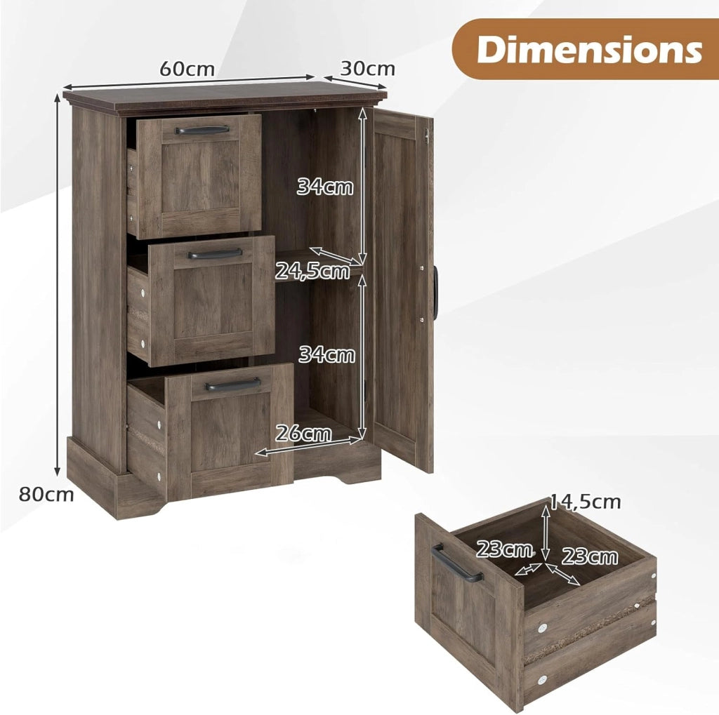 Mobiletto da Pavimento in Legno, Organizzatore per Conservazione Rustico con Porta da Fienile e 3 Cassetti, Buffet Laterale Autonomo per Cucina, Soggiorno, Sala da Pranzo (Grigio)