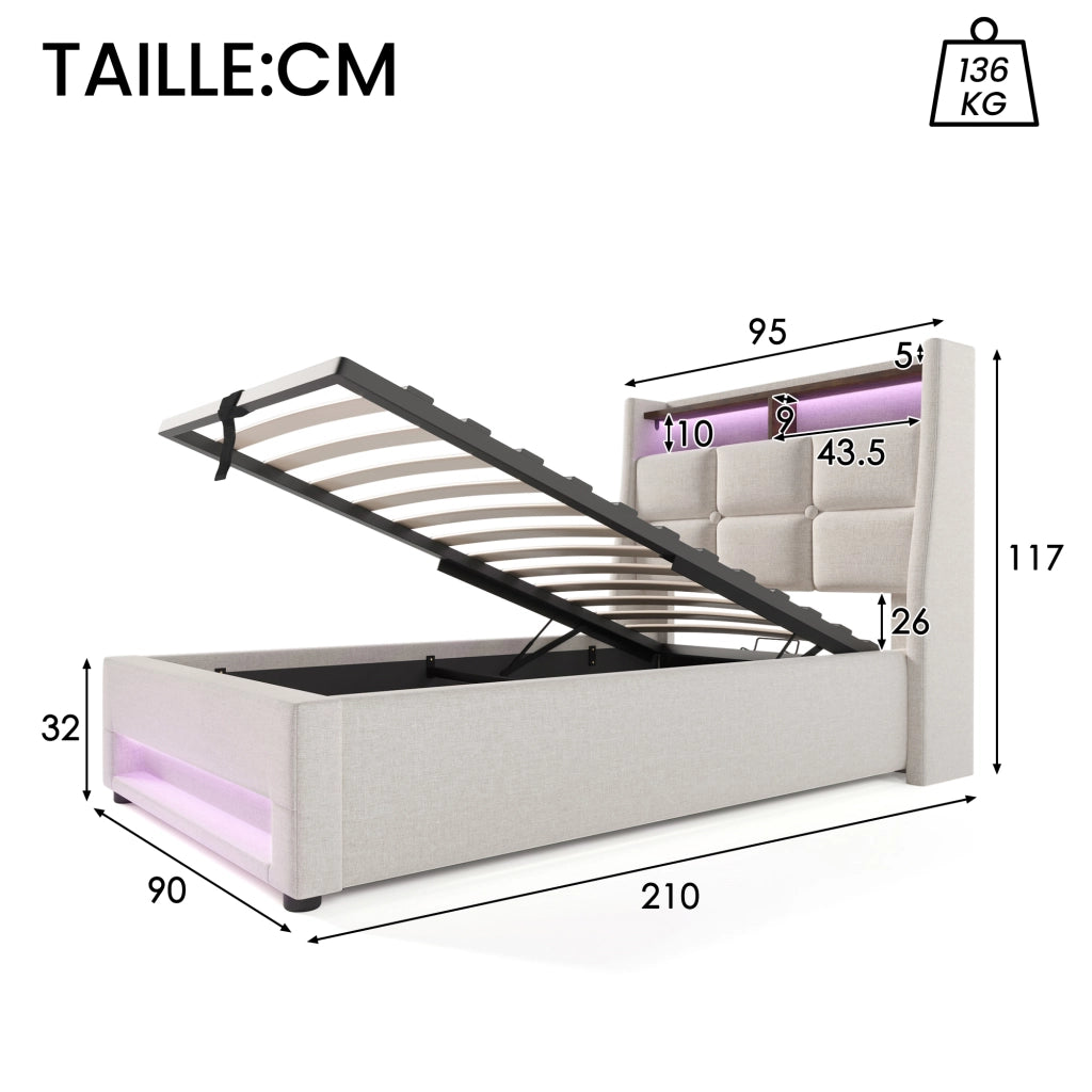 Letto con Cassetti Letto Matrimoniale; 4 Cassetti; USB e Tipo C; 160×200 cm; senza Materasso; in Lino Beige