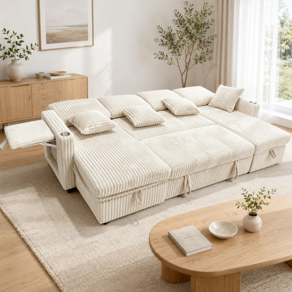 Divano panoramico a U modulare con funzione letto; contenitore; USB e portabicchieri in velluto a coste beige