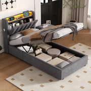 Letto Imbottito 90x190 cm in Velluto con Contenitore Idraulico, LED e Porte USB