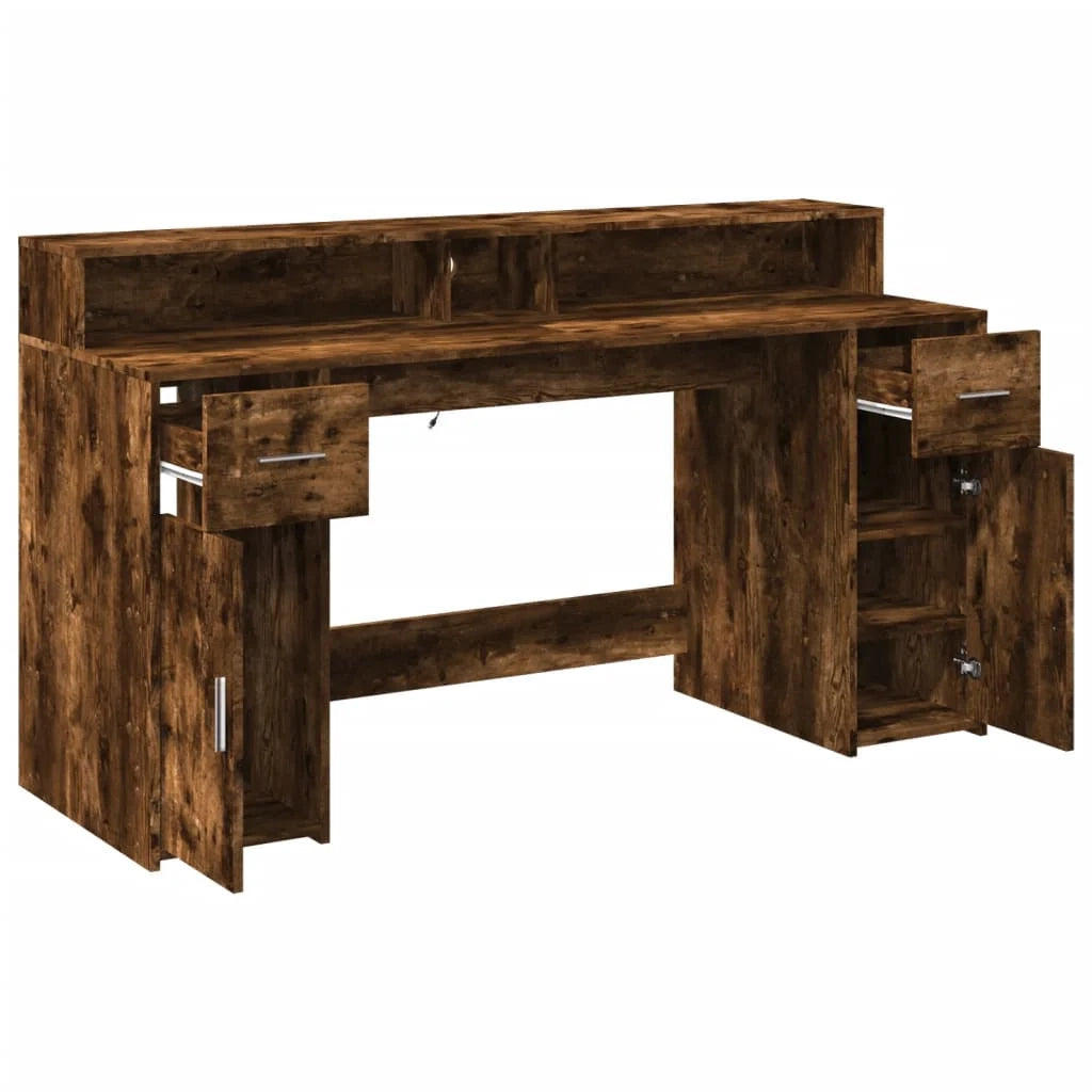 Scrivania da ufficio postazione di lavoro mobile per computer tavolo da studio con luci a LED rovere affumicato 160 x 55 x 91 cm legno ingegnerizzato marrone 02_0023786