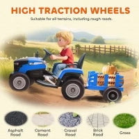 Trattore Elettrico per Bambini con Rimorchio Estraibile Batteria 12V Velocità 3-5 km/h, Telecomando 2,4G Blu
