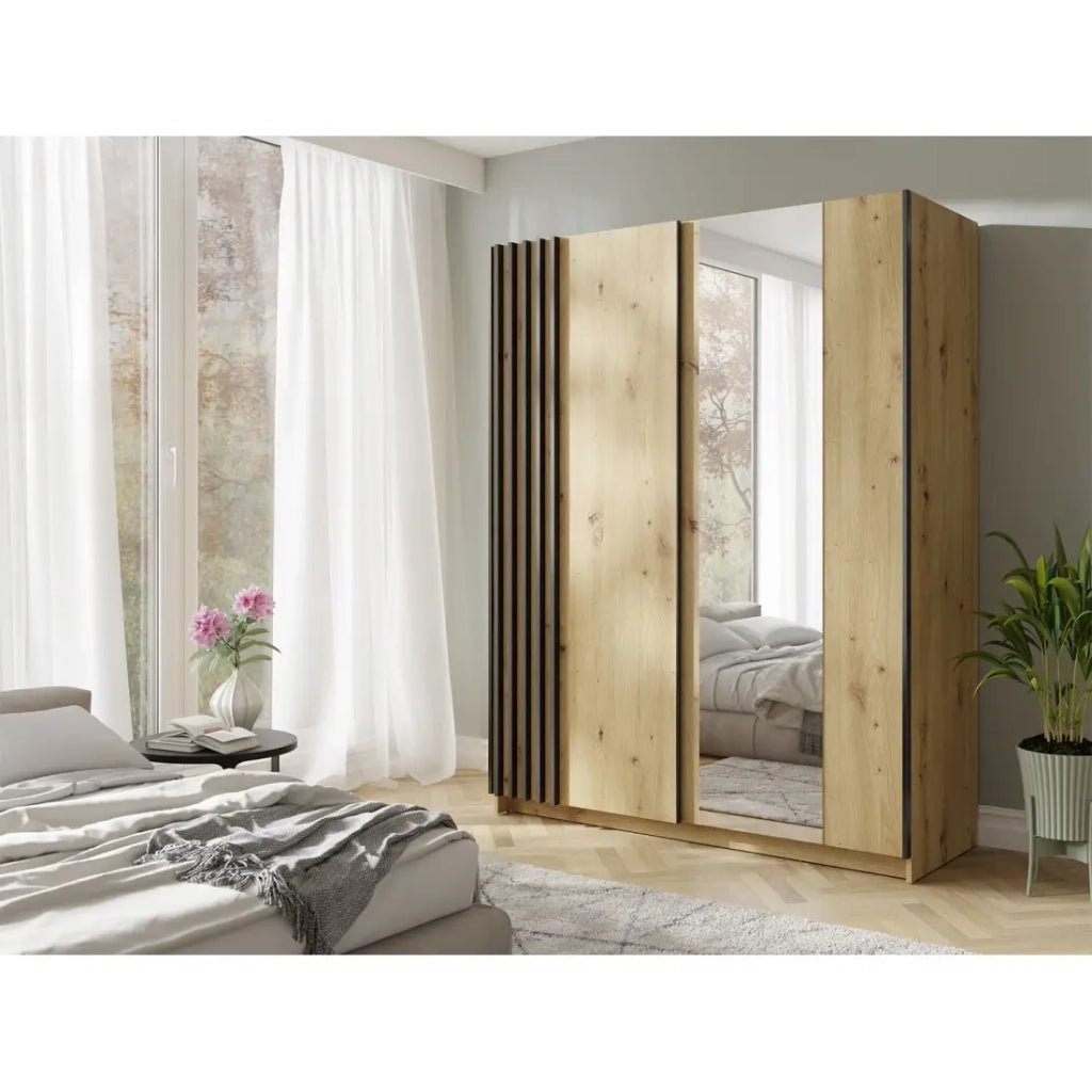 Armadio VARIA 2 porte scorrevoli con specchio in quercia e nero 150 cm