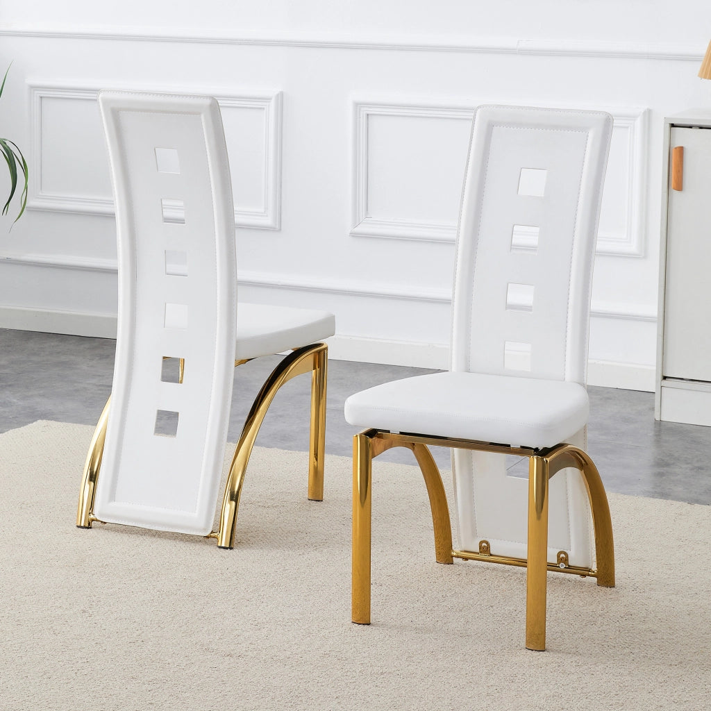 Sedia da sala da pranzo set 2 in pelle PU con schienale traforato e gambe in metallo bianco e oro per soggiorno moderno