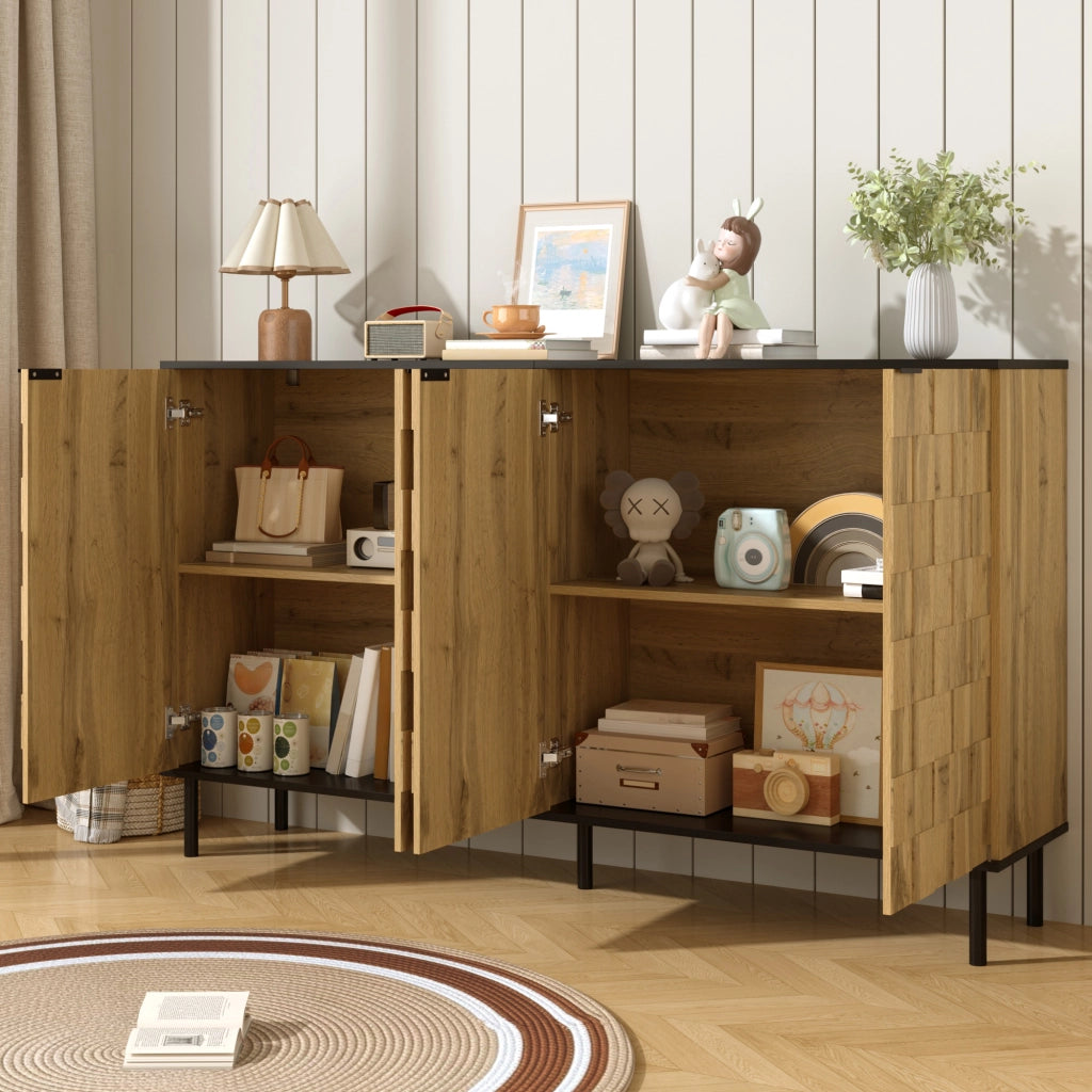 Credenza a 2 ante con ripiano fisso, effetto mosaico, per soggiorno, in truciolato, naturale e nero, 160 × 35 × 80,5 cm